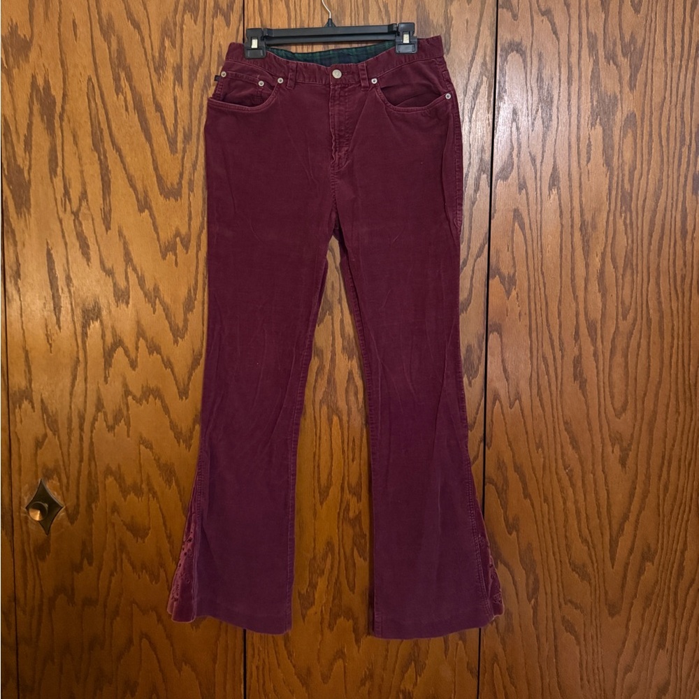 Ralph Lauren Corduroy Pants Womens 12 Burgundy Embroidered Flare Bootcut Boho